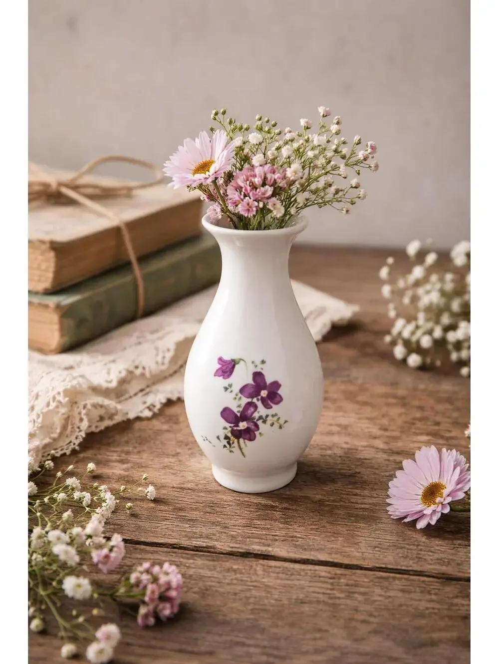 Vintage Mini Porcelain Bud Vase Purple Floral Design 5 Inch Decor